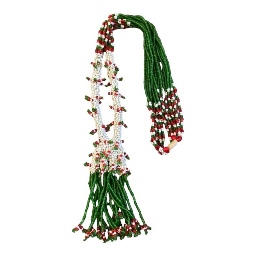 Multi Strand Red, Green, White Beaded Tassel Tribal Style Necklace 20” Drop - Picture 2 of 10